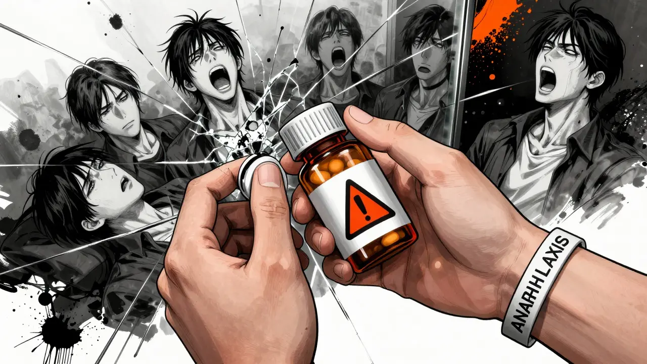 Hands holding pill bottle and medical alert bracelet, fractured mirror reflection of consequences.