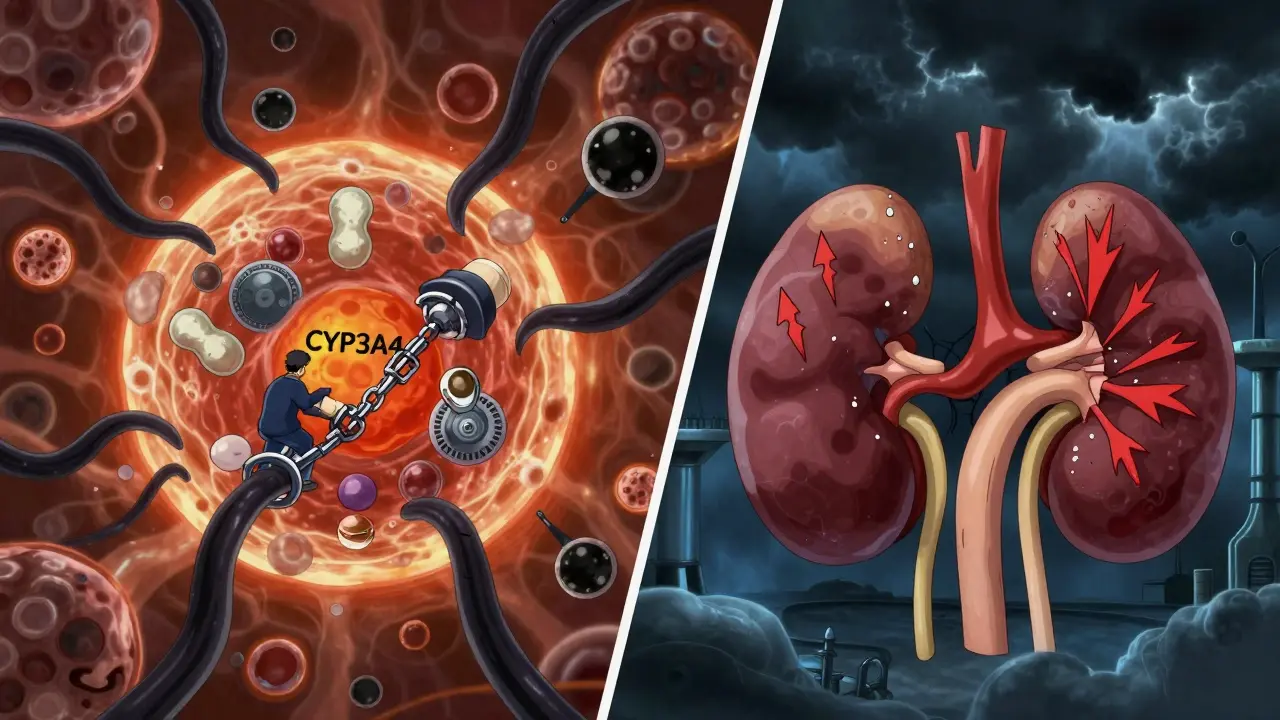 Liver and kidney cells under attack by dark azole molecules, constricted blood vessels, and rising creatinine spikes.