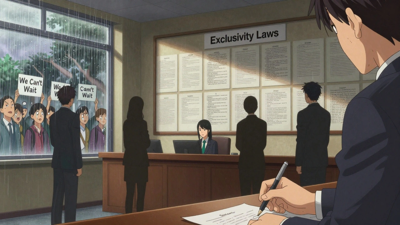 Lobbyists overshadow FDA official amid legal documents, patients outside with signs as rain falls.