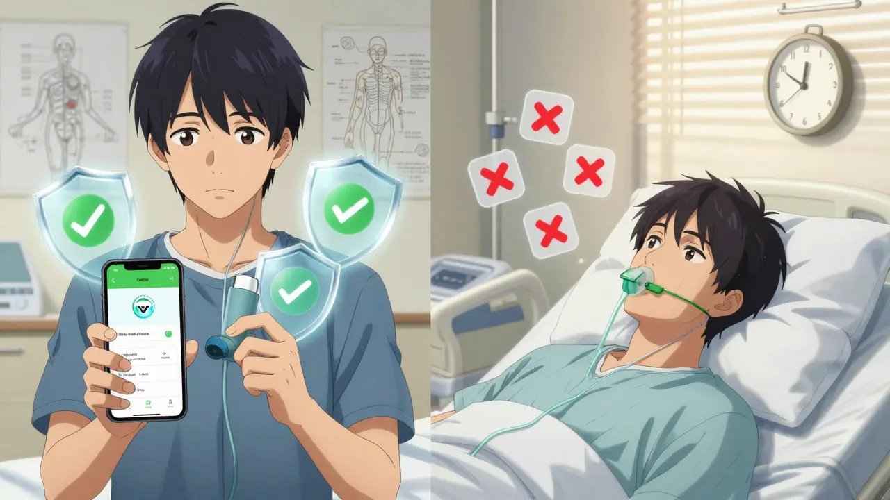 Man using safety app on one side, hospitalized on the other, with floating medication icons marked in red.