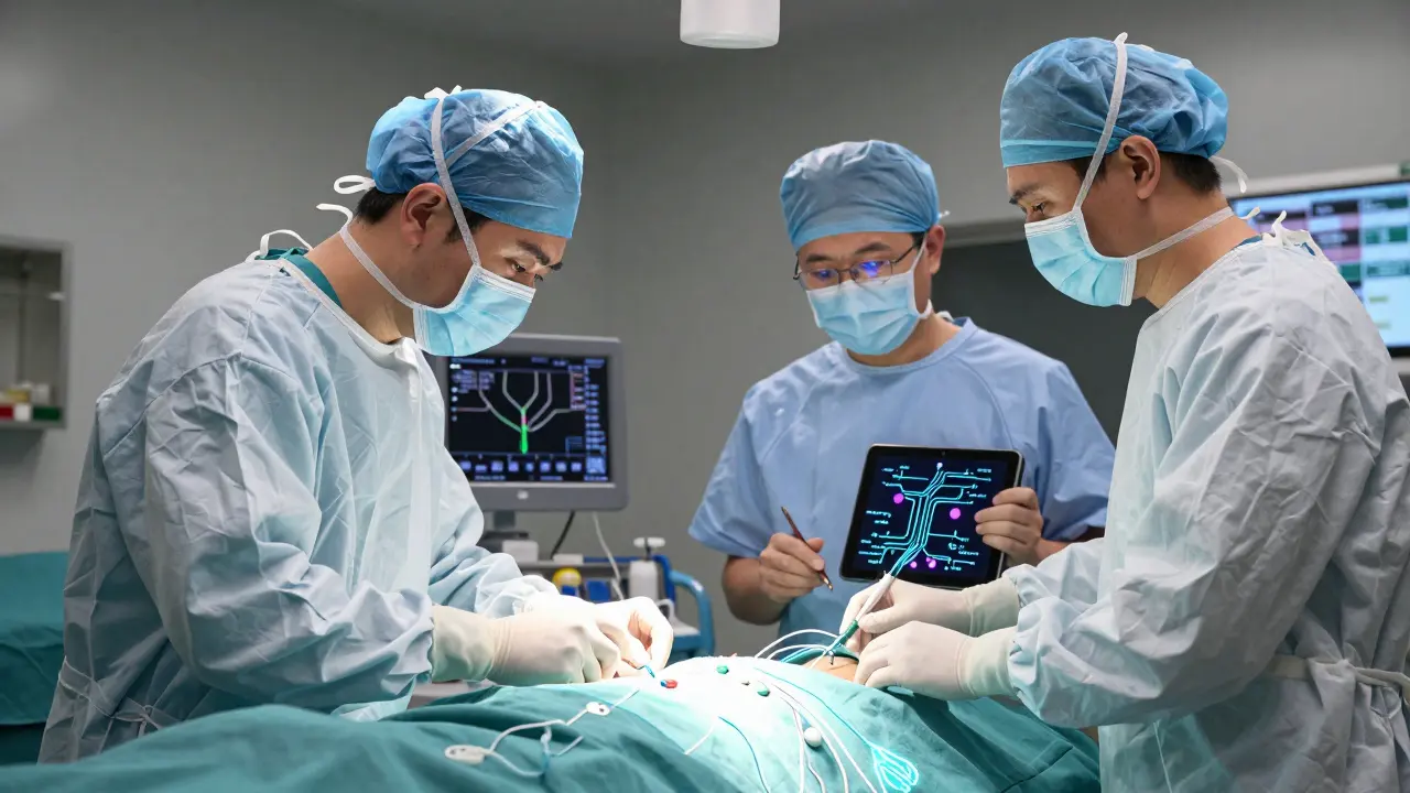 Medical team performing a nerve block during surgery with glowing visualizations of pain pathways being blocked.