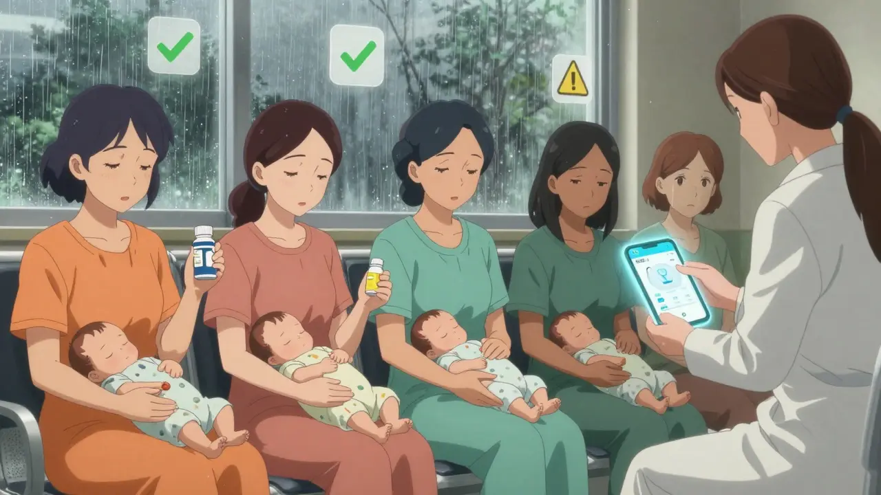 Mothers with medications and babies in a hospital, one consulting a specialist with a glowing app.