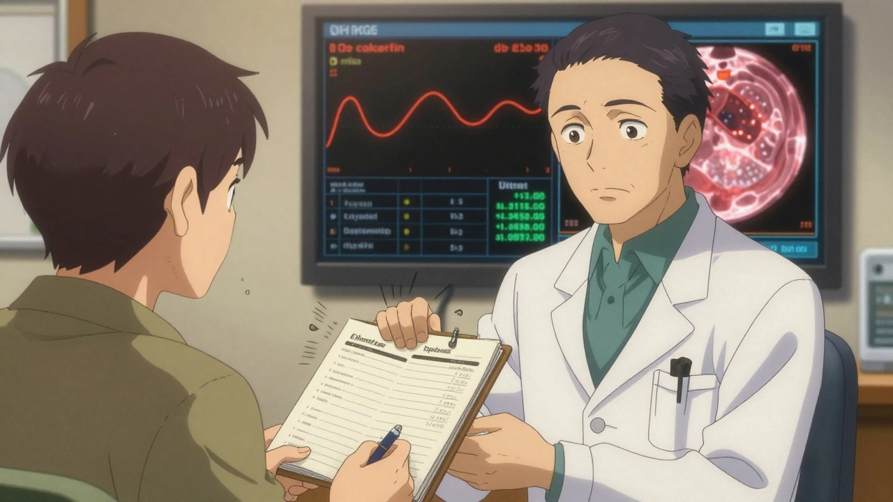 Patient handing symptom journal to doctor while medical data is displayed on a screen behind them.