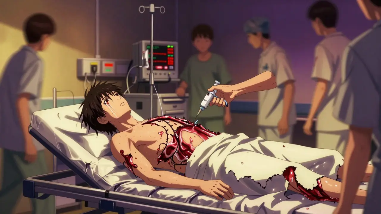 Patient in hospital with peeling skin, medical team rushing, epinephrine in use.