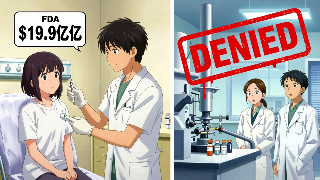 Patient receiving expensive biologic injection while biosimilar is denied by FDA stamp in split-panel scene.