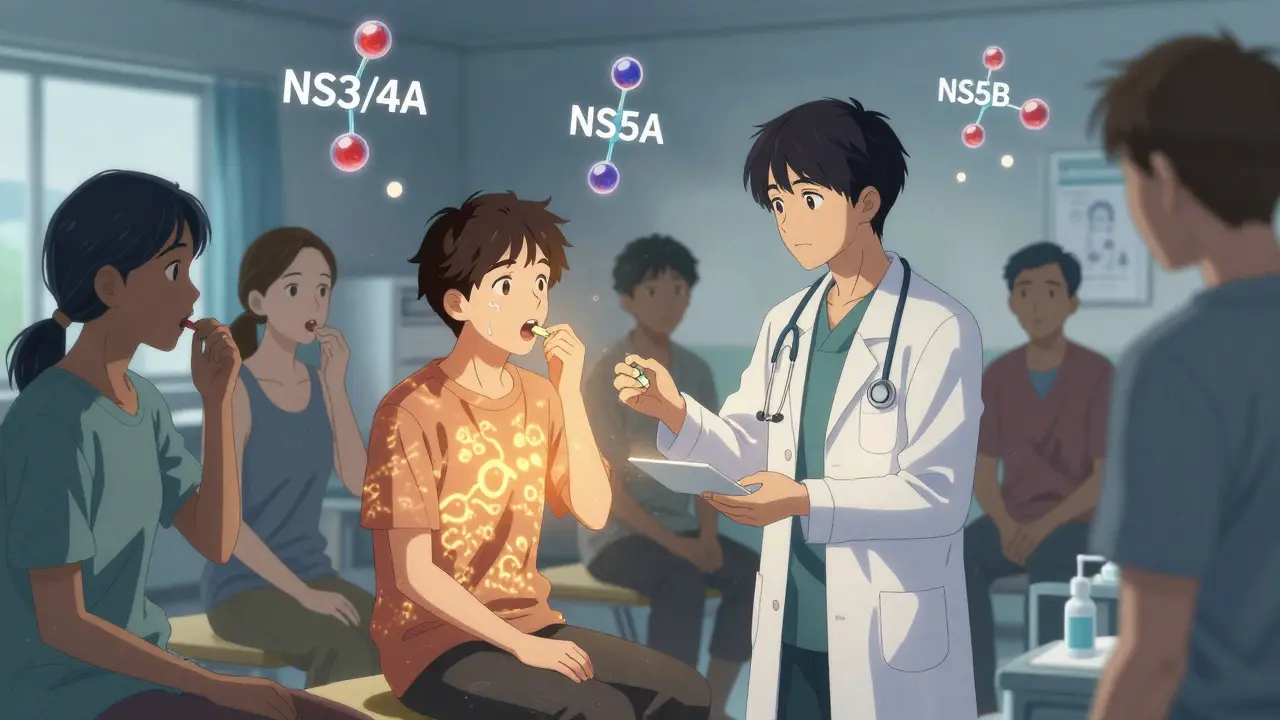 Patients in a clinic swallow antiviral pills as molecular structures glow around them.