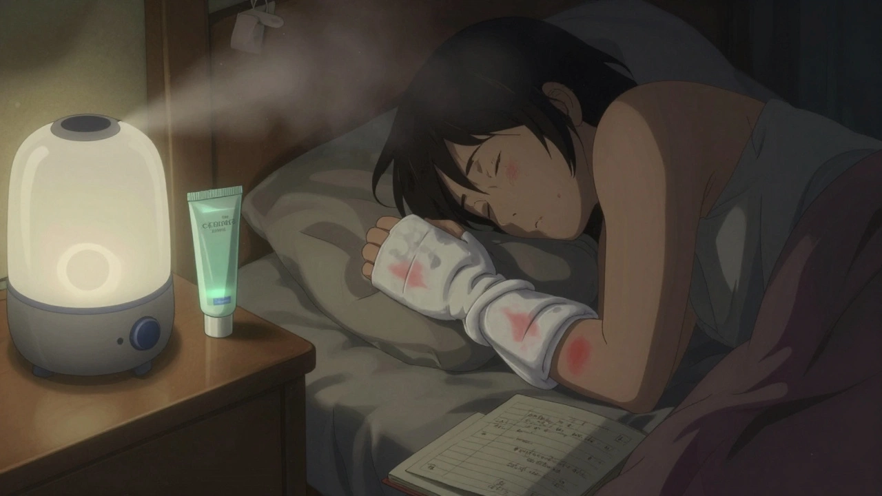 Person sleeping with wet wrap and humidifier, cotton gloves on hands, peaceful nighttime scene.