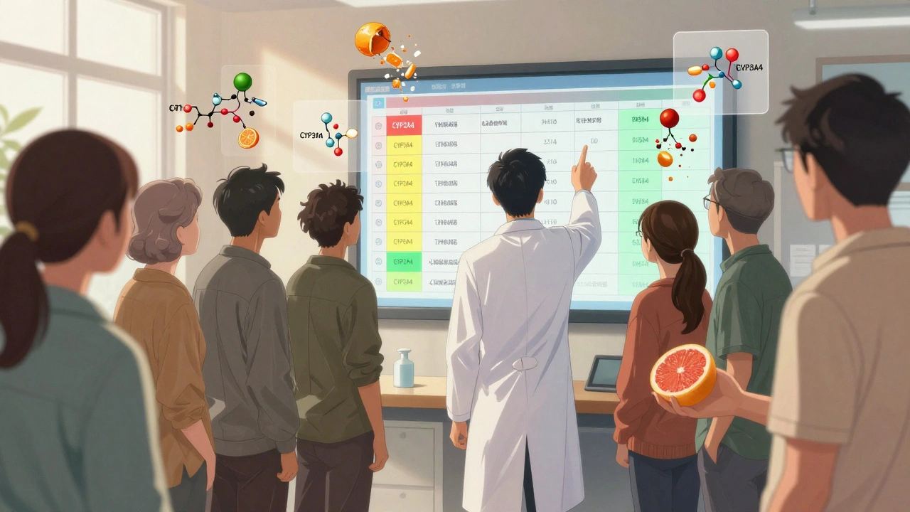 Pharmacist explaining statin safety chart to patients, grapefruit and safe alternatives shown