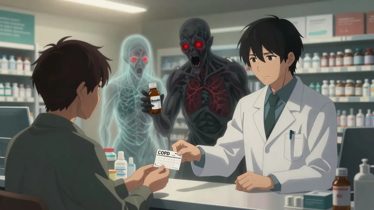 Pharmacist handing prescription while ghostly drug demons loom behind patient with collapsed lung shadow.