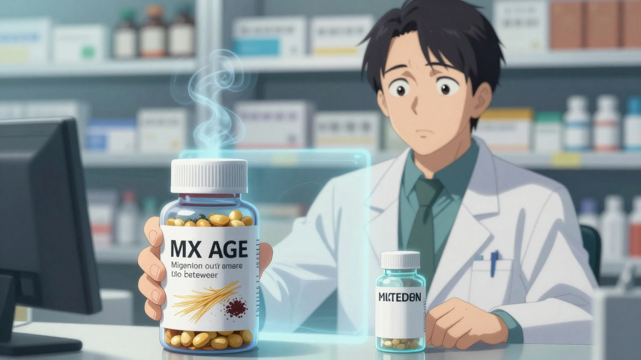 Pharmacist holding two pill bottles with invisible allergens revealed in an X-ray overlay.