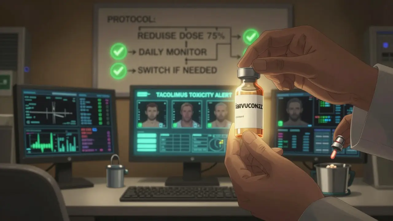 Pharmacist in control room monitoring holographic patient alerts with a protocol flowchart in the background.