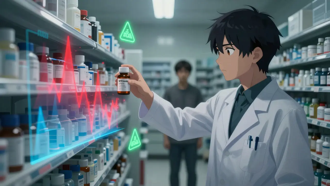 Pharmacist reaches for a generic NTI combo pill as dangerous blood level graphs hover around a patient.