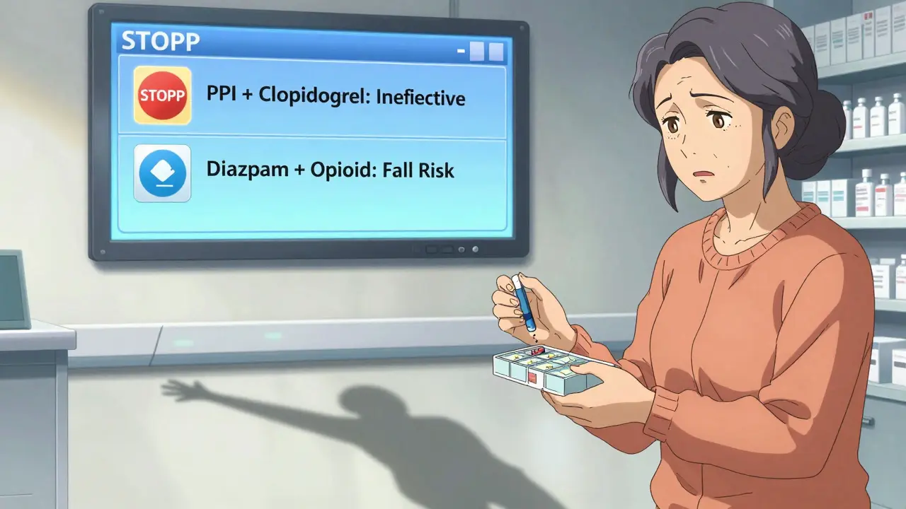 Pharmacist reviewing medication risks with an elderly patient using a digital interaction screen.