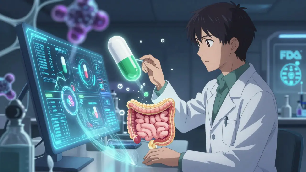 Scientists monitoring smart lipid capsules adjusting drug release in a holographic gut simulation.
