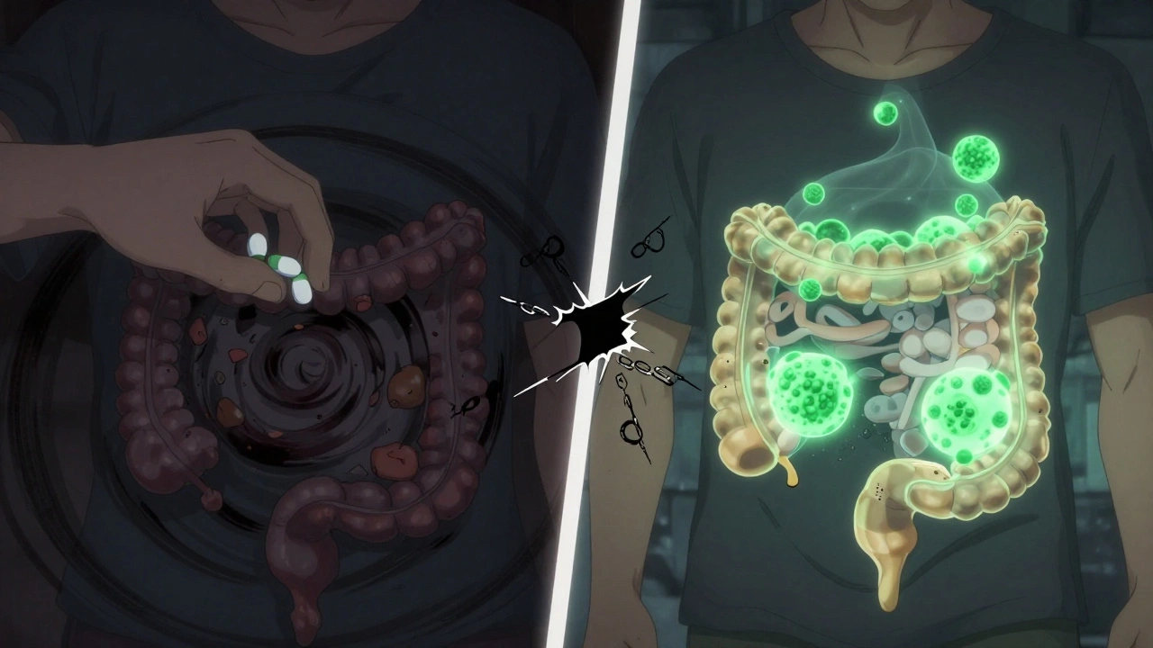 Split image: one side shows dangerous loperamide abuse, the other shows healing through diet and probiotics.