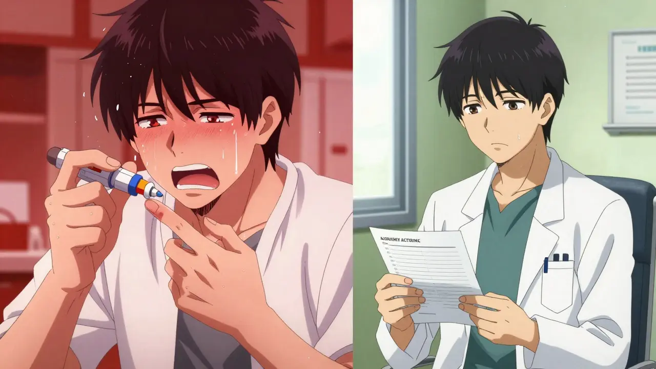 Split scene: someone using an epinephrine injector, then receiving an allergy action plan.