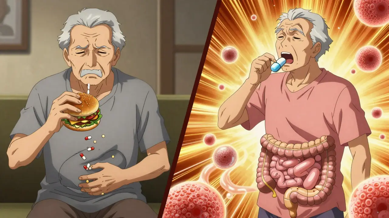 Split scene: traditional pill with greasy food vs. lipid capsule with coconut oil, showing improved drug absorption.