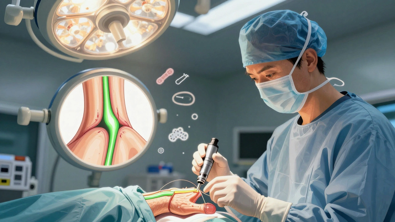 Surgeon performing endoscopic carpal tunnel release, with decompressed nerve glowing as ligament is cut.