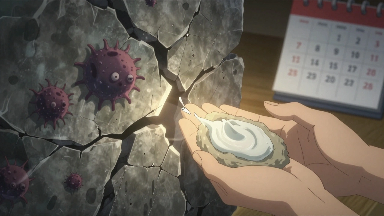 Symbolic image of a cracked skin barrier being repaired with moisturizer, staph bacteria crawling through gaps.