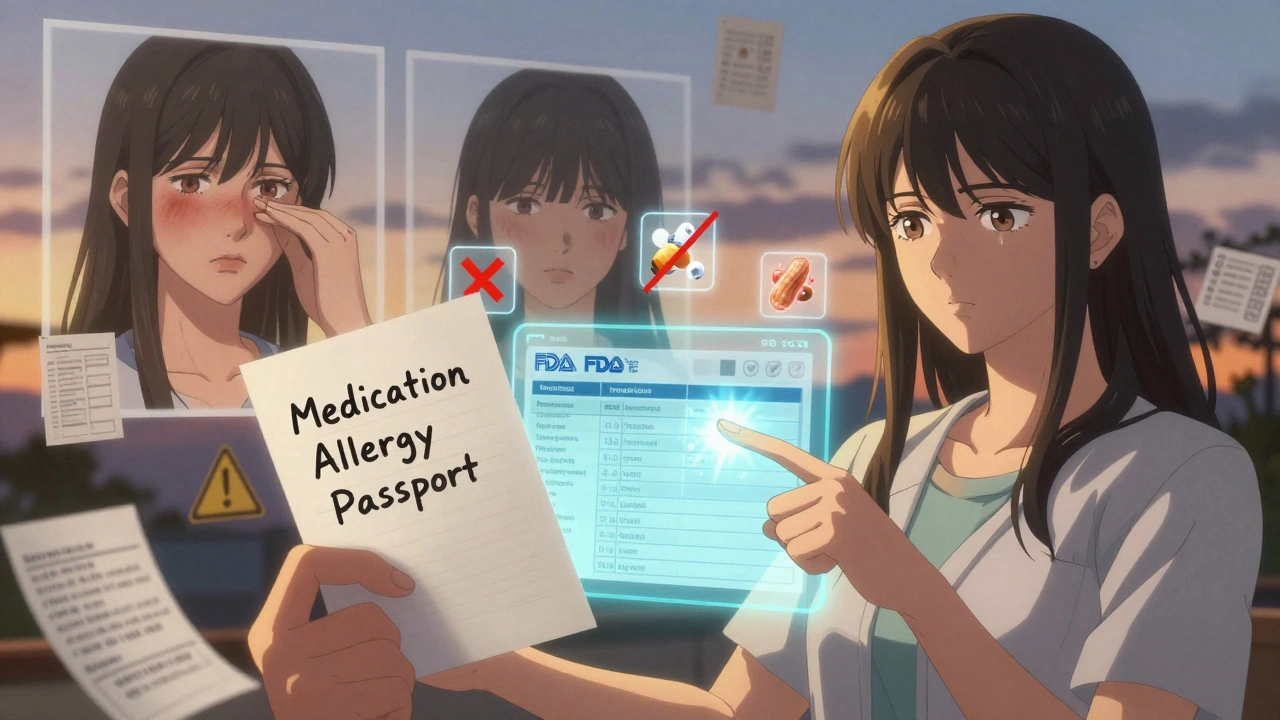 Woman holding an allergy passport while viewing a digital database of dangerous drug ingredients.