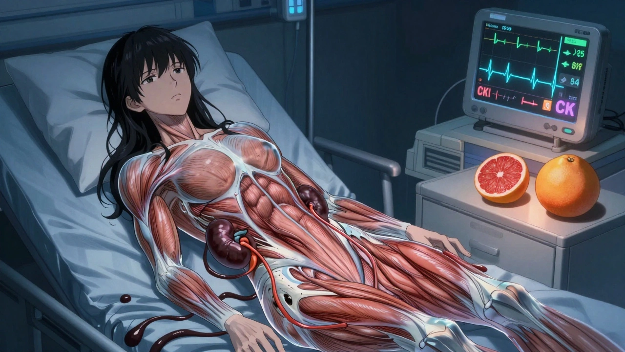 Woman in hospital bed with muscle fibers breaking into myoglobin tendrils, grapefruit on nightstand