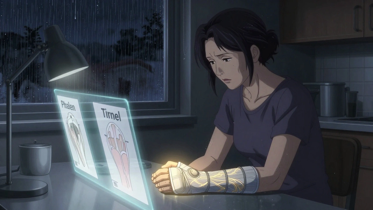 Woman wearing a wrist splint at night, glowing nerve aura, with floating medical test diagrams around her.
