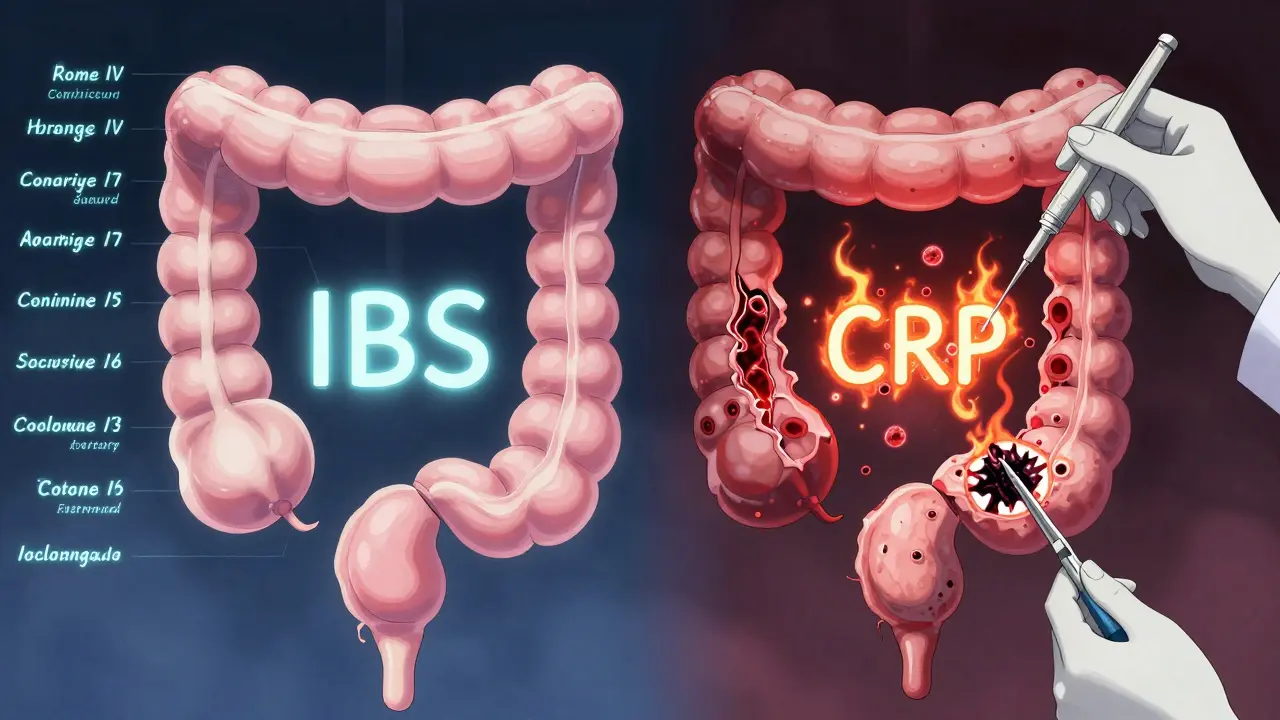 A colonoscopy scene showing a healthy colon on one side and inflamed, damaged tissue on the other with glowing biomarkers.