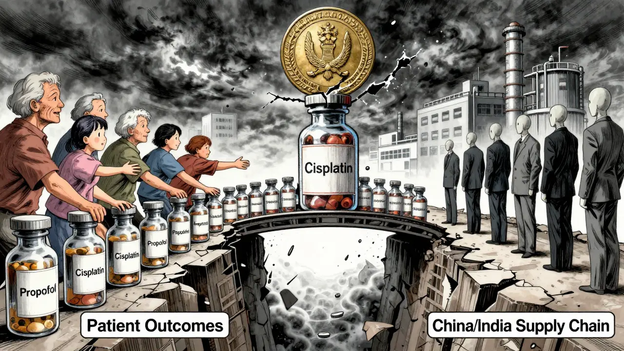 A crumbling bridge of medicine vials spans a chasm as patients reach out and corporate figures turn away.