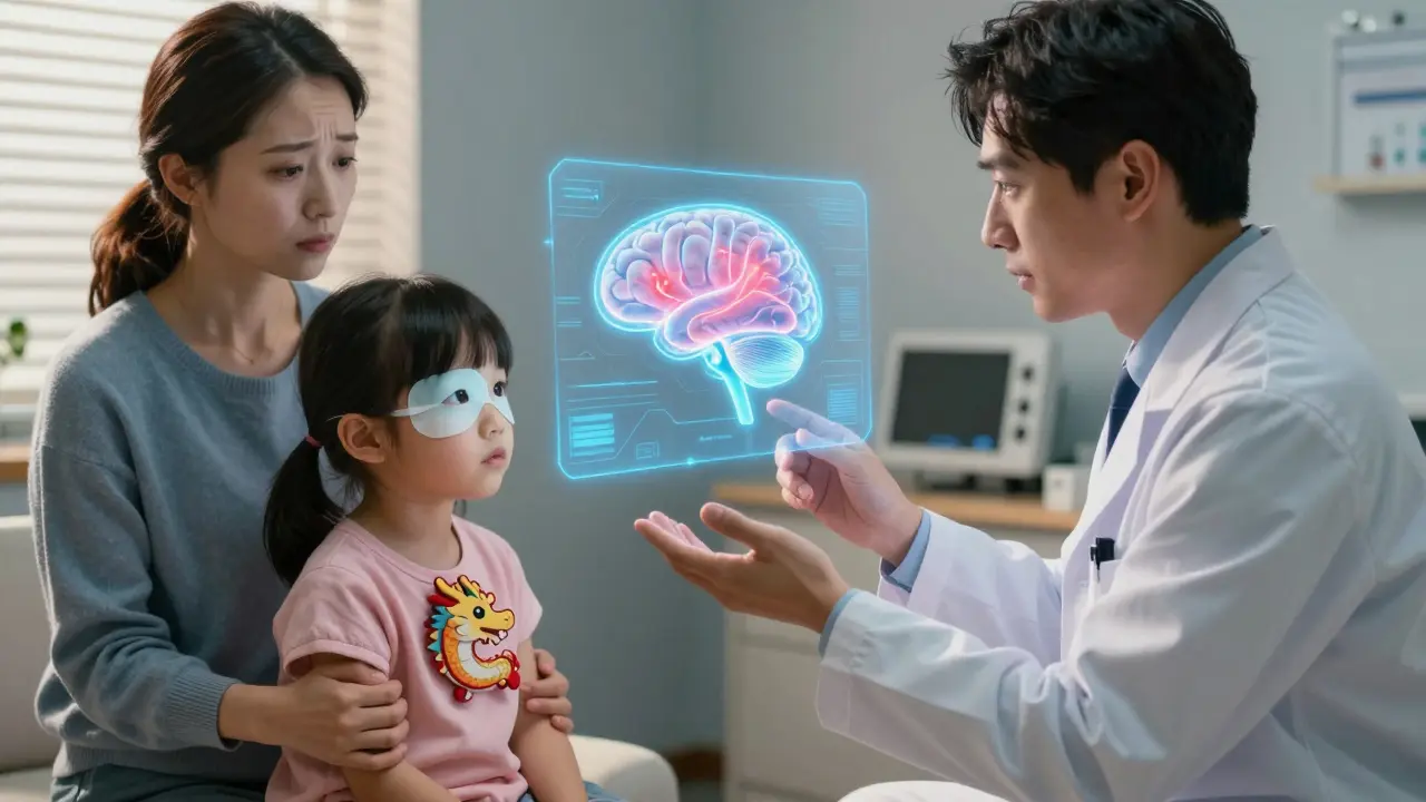 A doctor and mother discuss amblyopia treatment as a hologram shows brain rewiring, child holds a dragon-shaped patch.