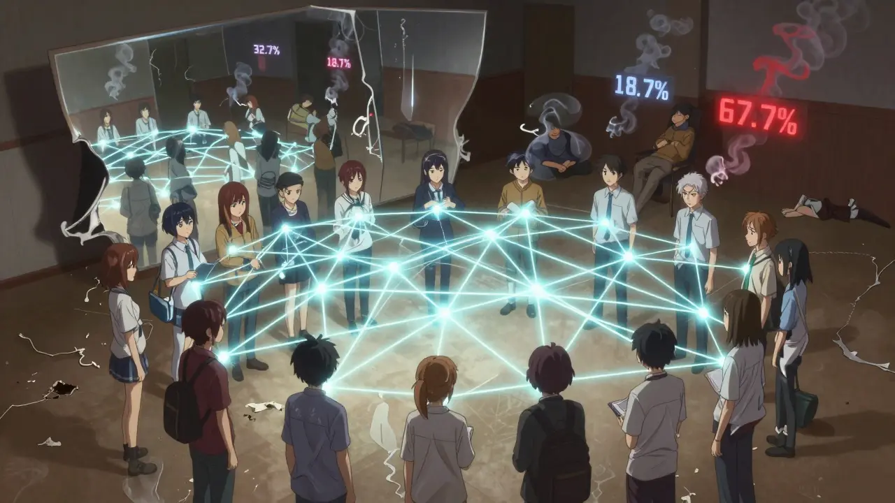 A glowing social network web connects teens, with thick threads from a respected peer, while a distorted mirror shows false peer behaviors.