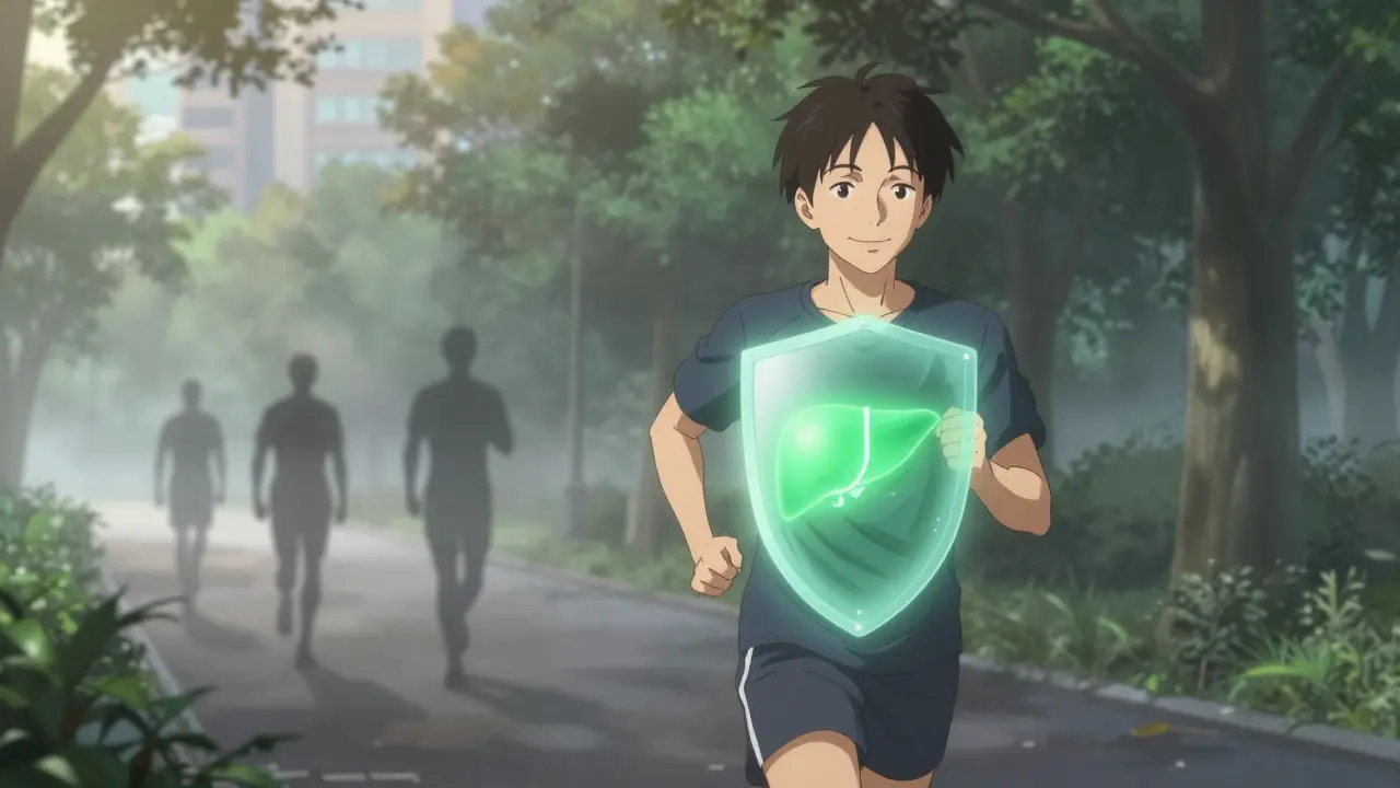 A patient jogging at dawn with a protective green glow around their liver, symbolizing safe metformin use in mild fatty liver disease.