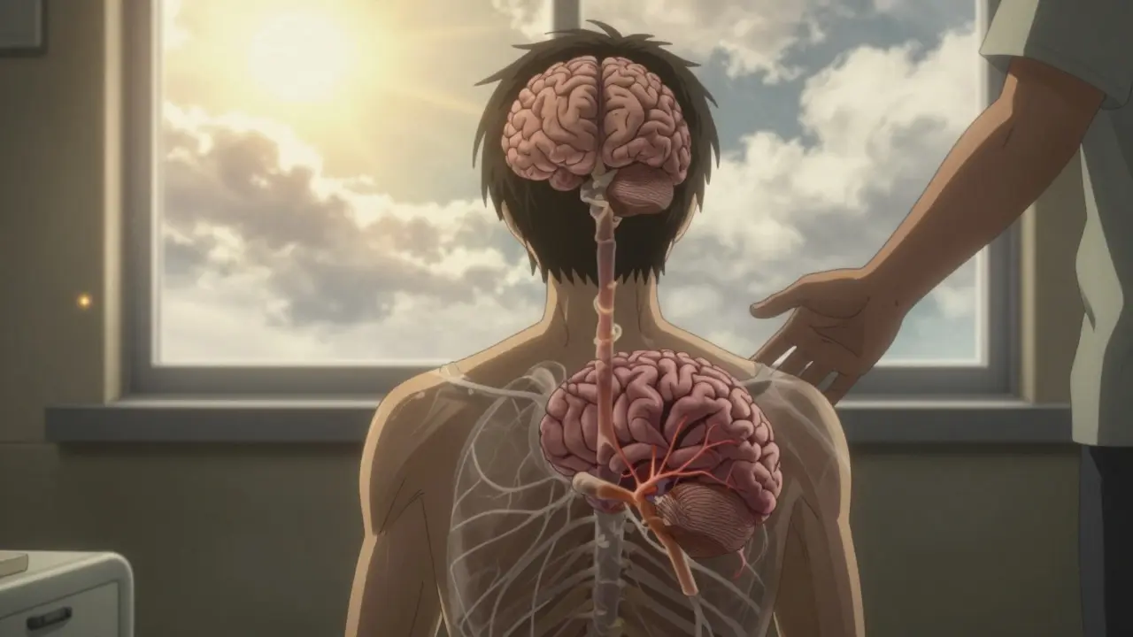 A person in medical detox with a translucent brain showing damage, sunlight symbolizing recovery.