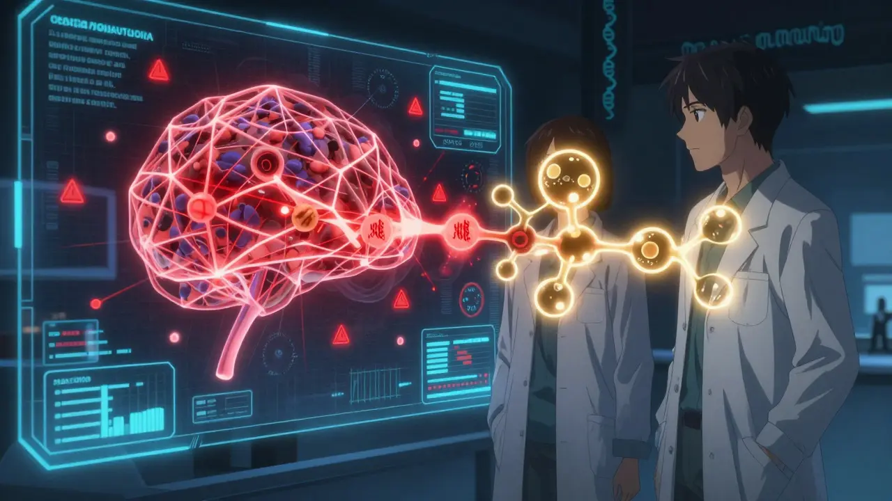 A scientist facing a neural network with serotonin surge warnings, while two drugs merge in harmonious golden light.