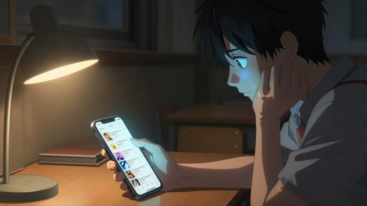 A student scrolls through viral social media trends at night, a popular upperclassman’s shadow looming nearby in approval.