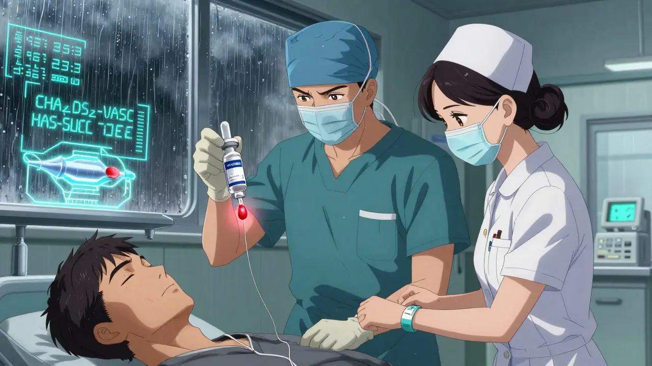 A surgeon holding a reversal drug in an emergency scene, with risk scores glowing beside a patient, rain outside the hospital window.
