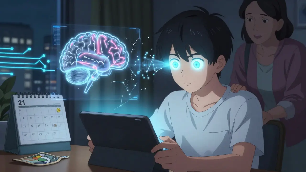 A teen plays a vision therapy game, digital particles highlight his weaker eye’s activation, a patch rests nearby.