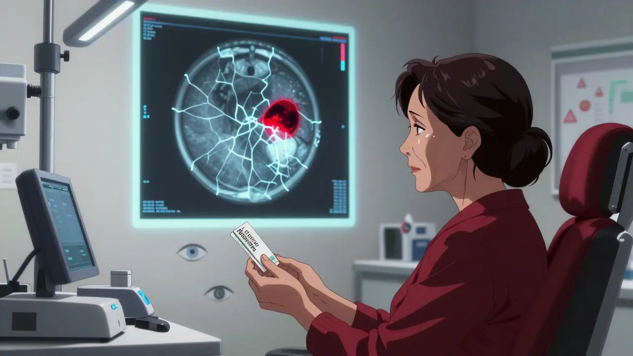 A woman in an eye clinic, her retinal scan showing toxic damage from long-term medication.