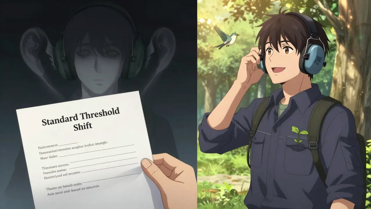 A worker receiving hearing loss news on one side, later enjoying birdsong with advanced hearing protection on the other.