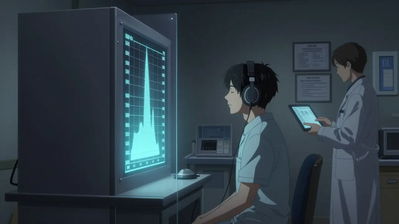 A worker undergoing audiometric testing in a quiet booth, with a glowing audiogram display beside them.