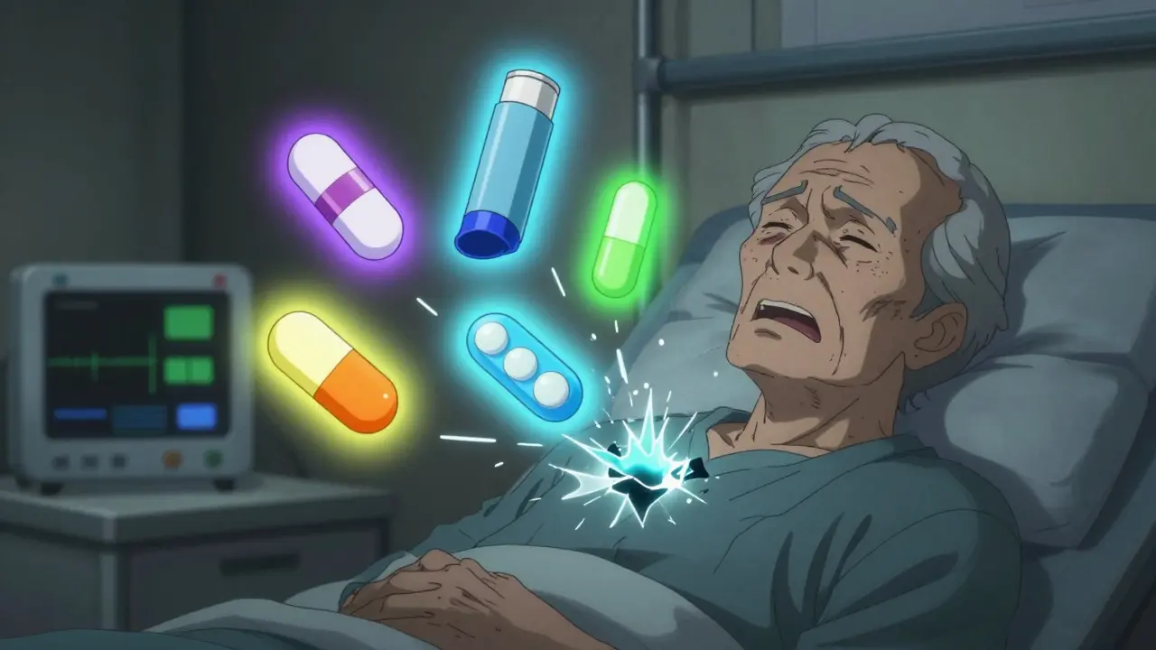 An elderly person surrounded by clashing medication icons, symbolizing dangerous drug interactions affecting their breathing.