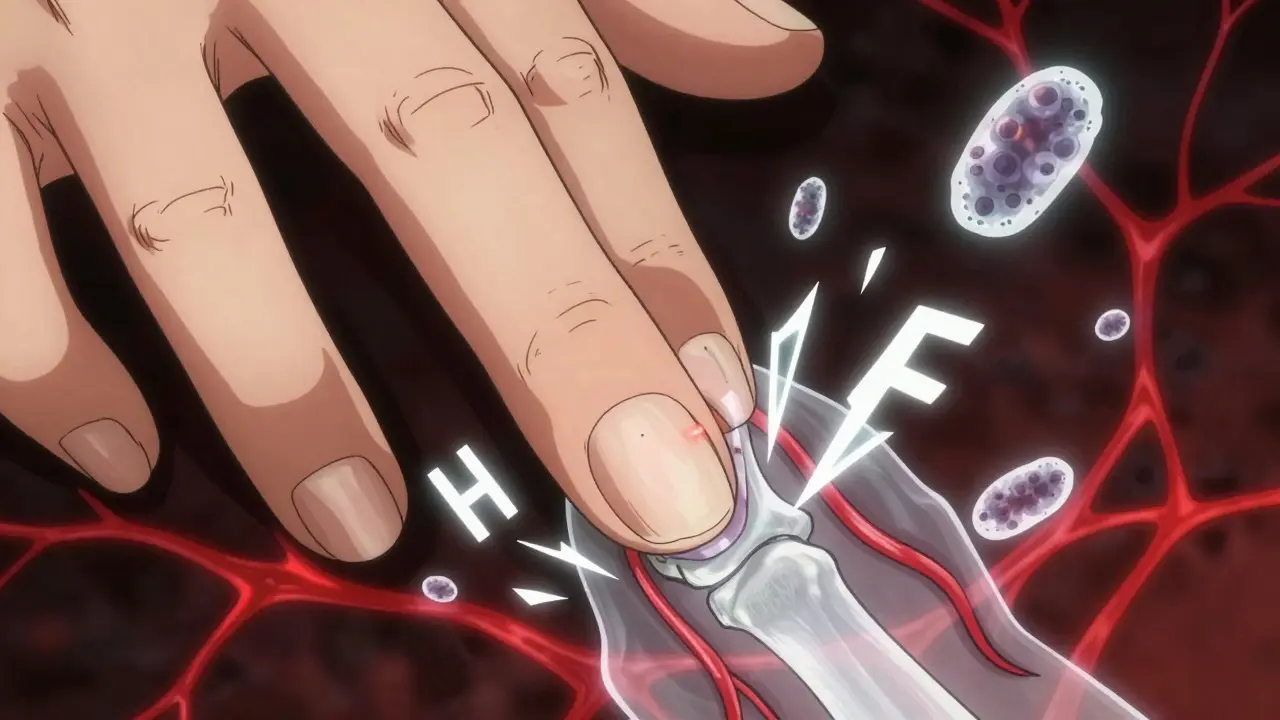 Close-up of a hand with pitted nails and internal inflammation visible in joints and tendons.