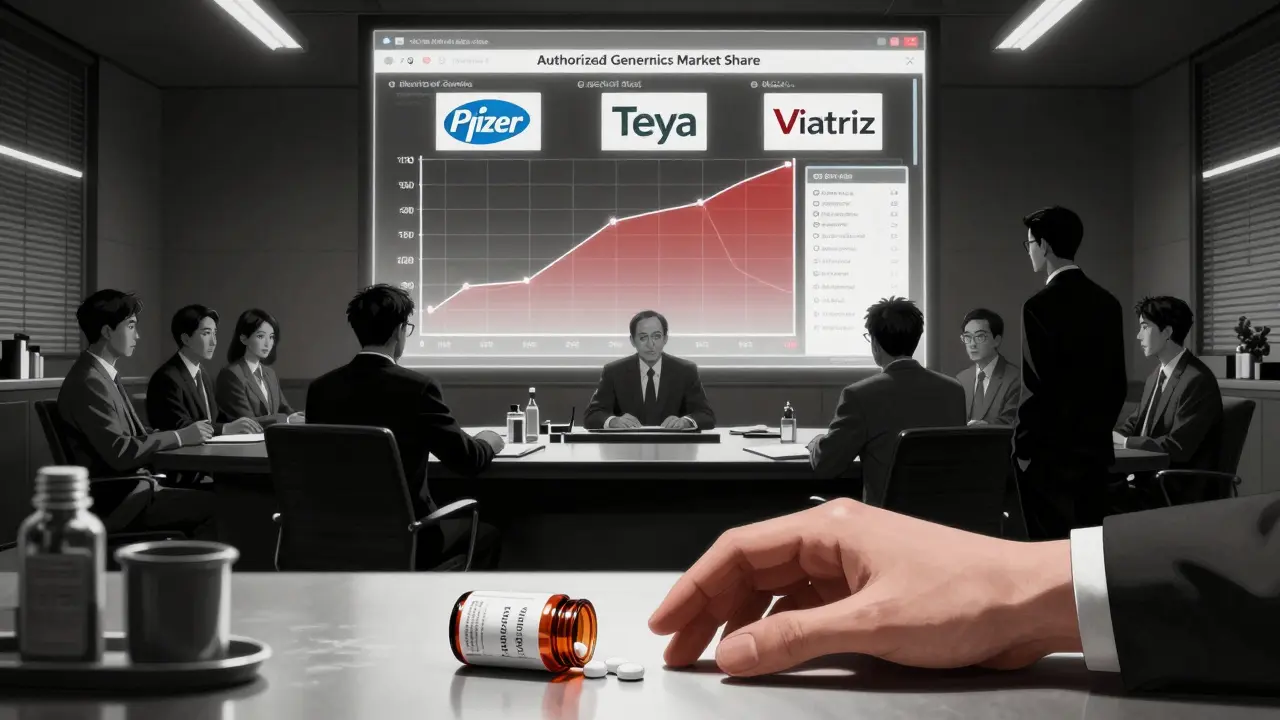 Corporate executives watching market share chart while patient reaches for generic pill.