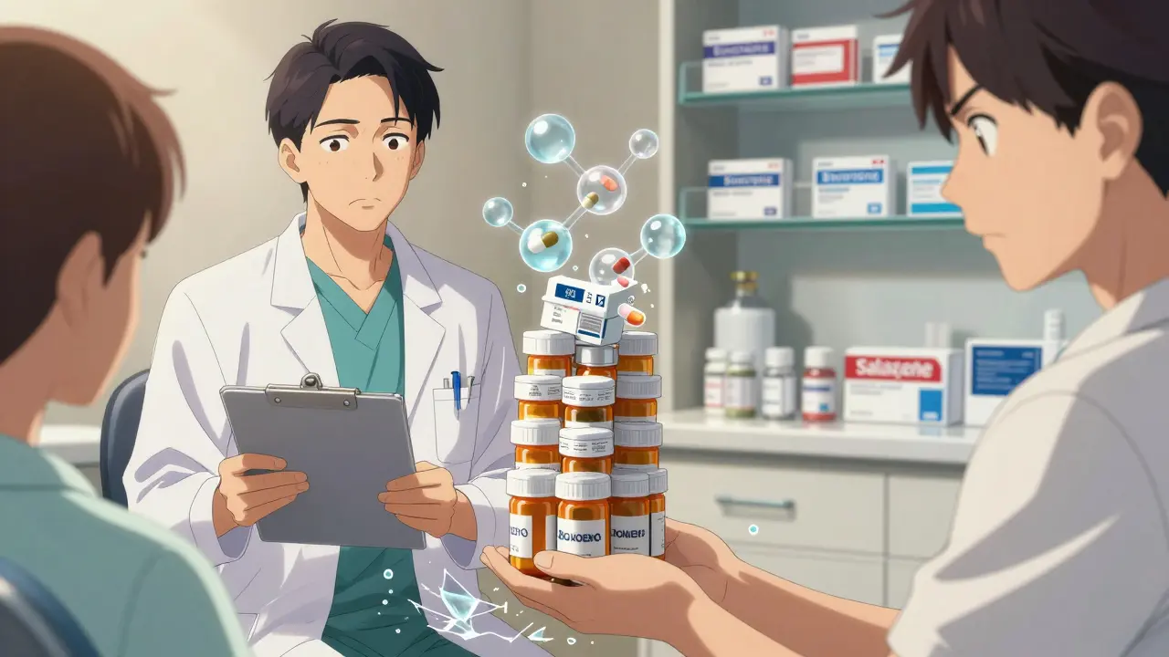Dentist reviewing medication bottles as molecular blockers and shattered saliva droplets appear above them.