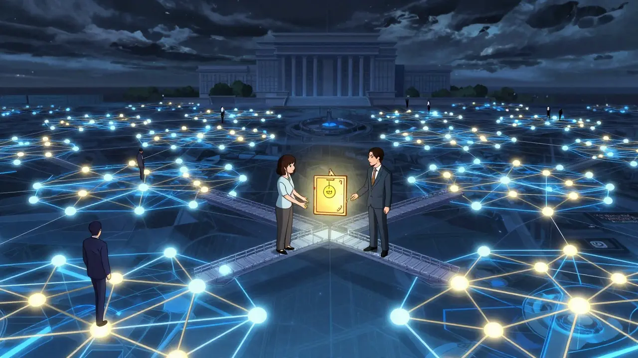 Digital network of glowing patents connecting tech companies, with figures exchanging patent cores under a looming court.