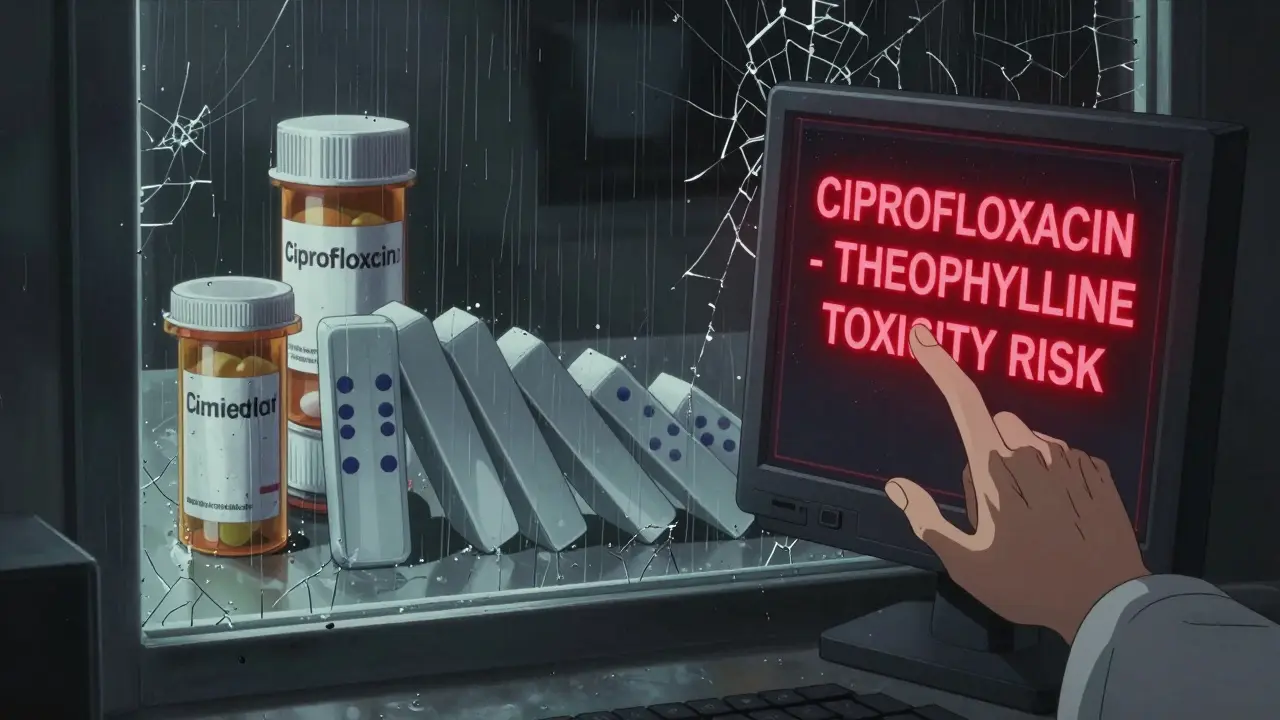 Doctor's hand near computer alert about ciprofloxacin-theophylline interaction, three prescription bottles poised to collapse.