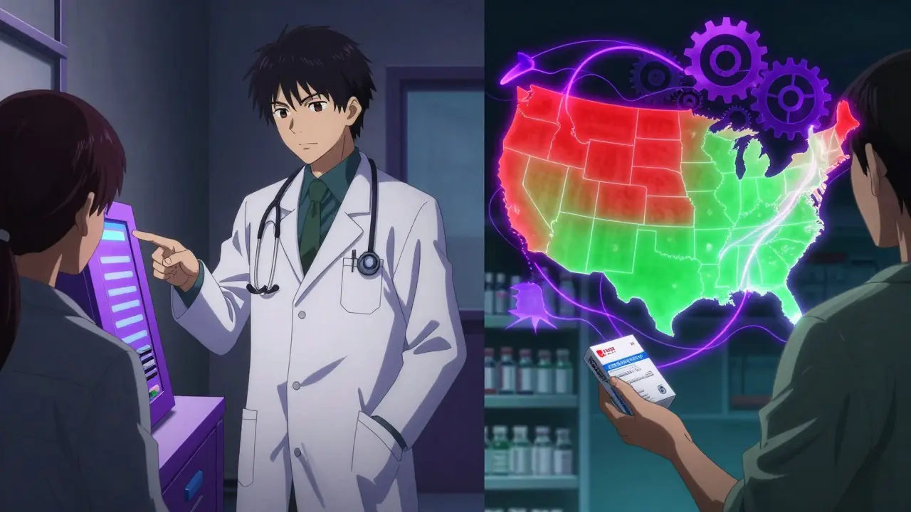 Doctor and patient discussing biosimilars while pharmacist dispenses substitution, with U.S. state legality map overlay.