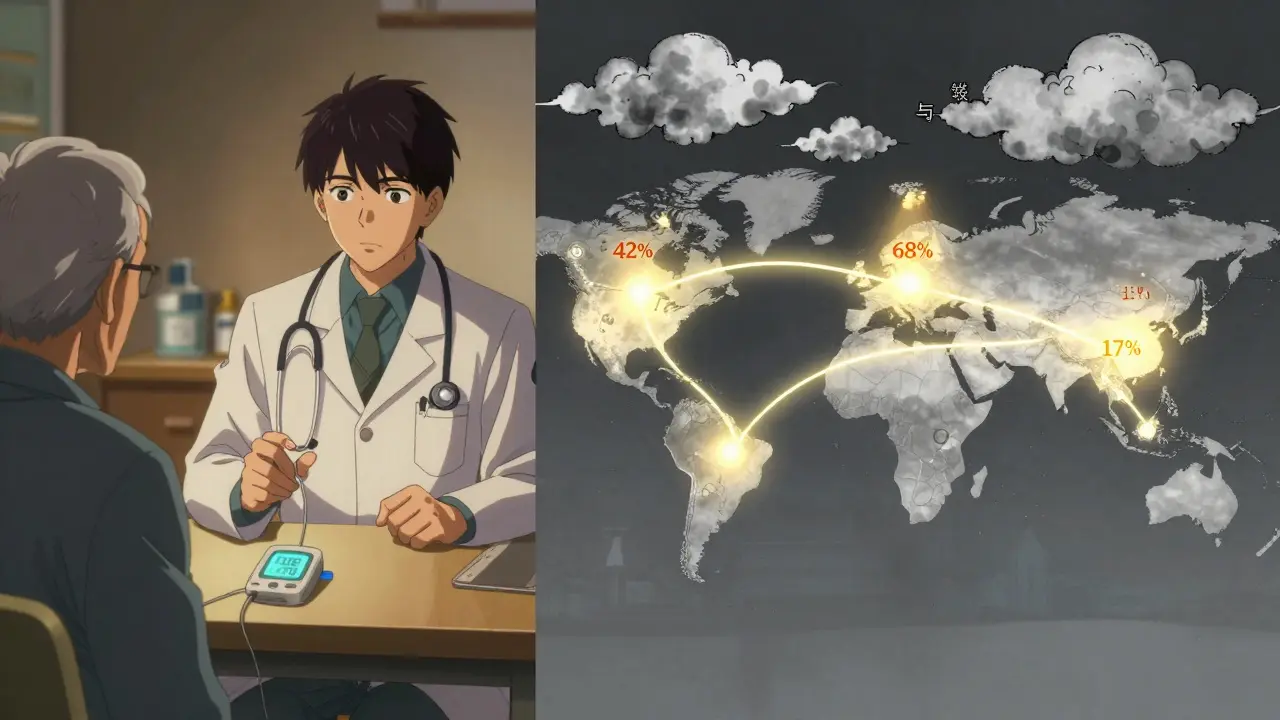 Doctor explains biosimilars to patient while global map shows adoption rates across countries.