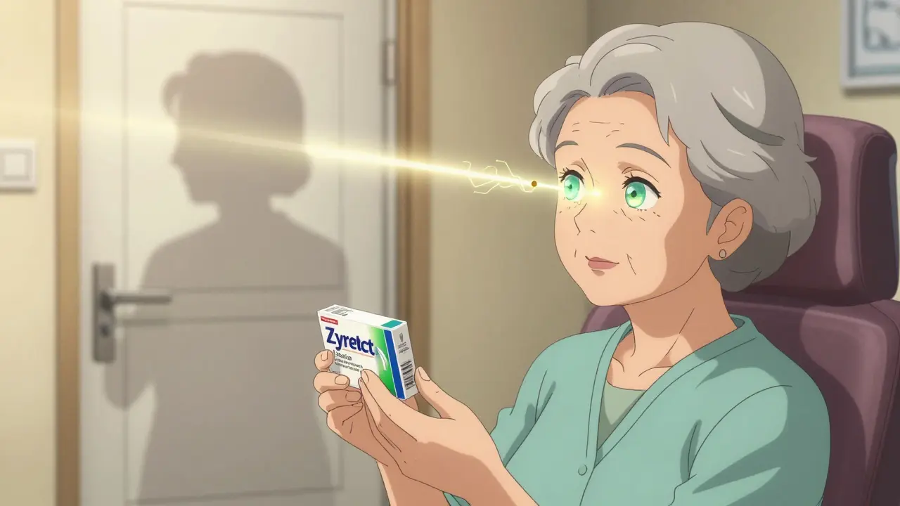 Elderly woman in eye clinic, laser beam creating iris perforation, soft golden light.