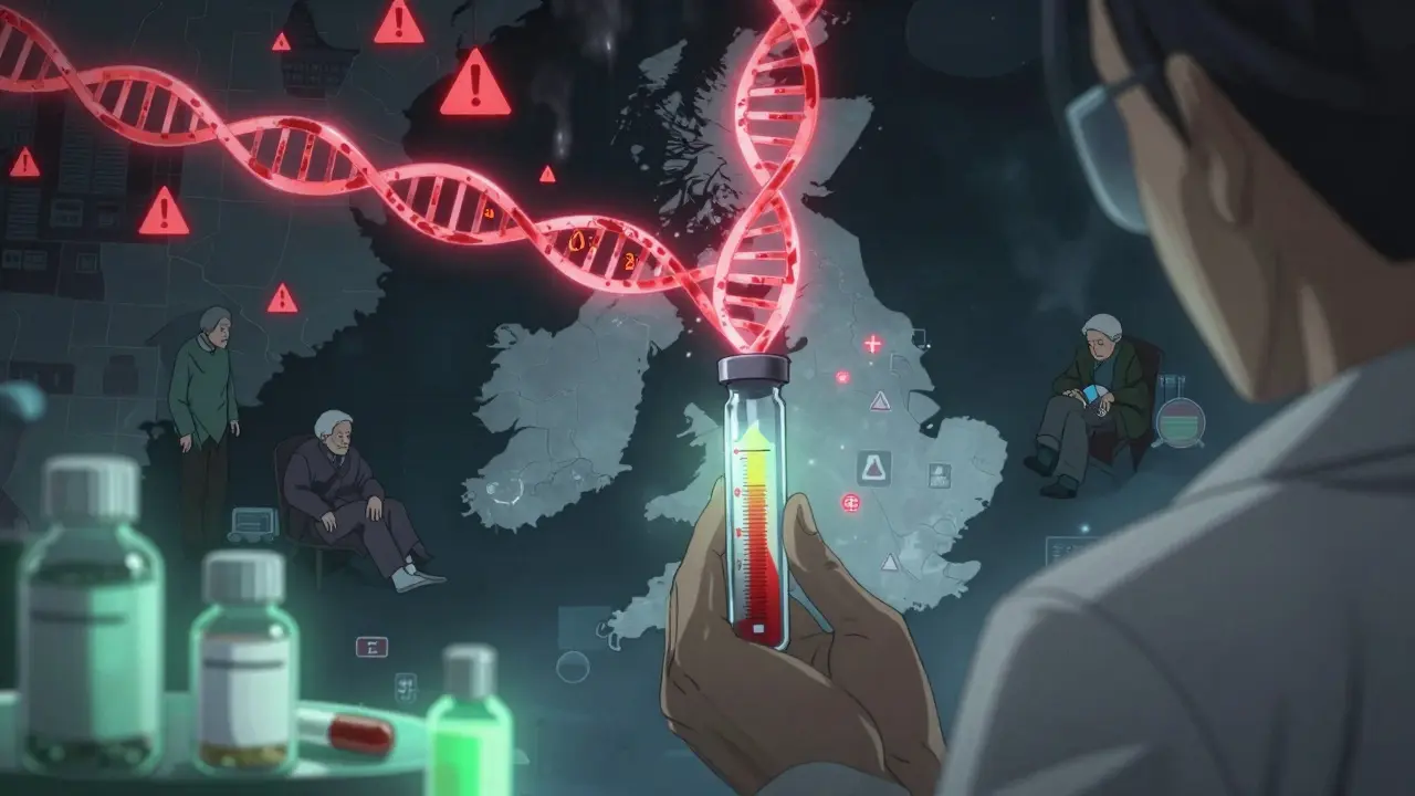 Genetic double helix with mutation warning over UK map, pharmacist holding blood vial as safer antibiotics glow green.