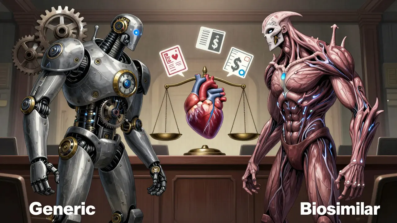 Giant humanoid representations of generic and biosimilar drugs in symbolic debate with patient's heart on a scale.